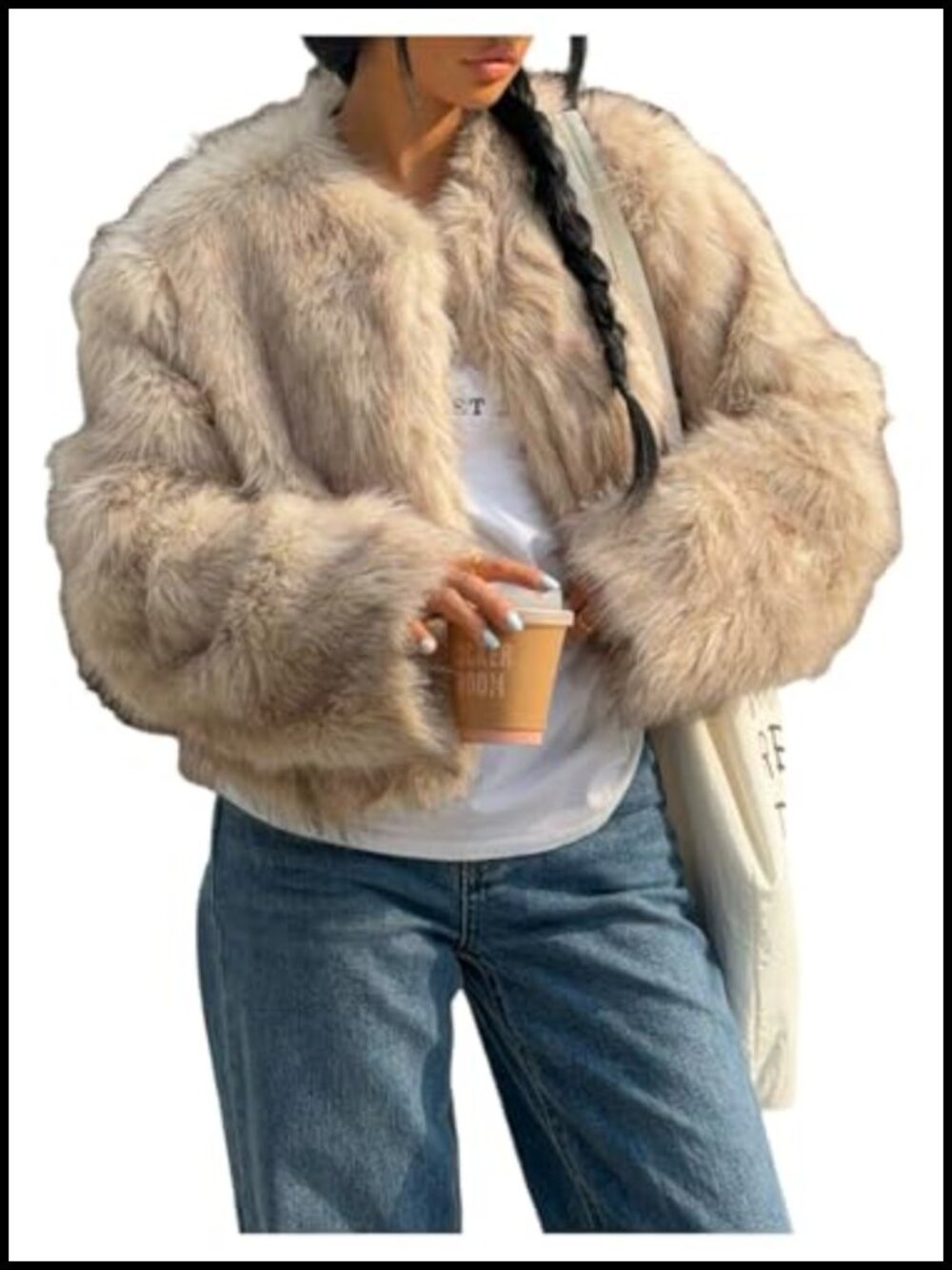 Faux Fur Open Front Crop Coat Loose Fit Drop Shoulder Winter Jacket